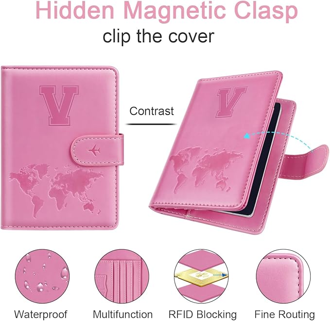 Passport Holder Cover Initail Letter A-Z Travel Wallet 3D Embossed Design RFID Blocking Card Holder Personalized Gift Passport Cover Wallet, Passport Book Holders for Women and Girls, Pink-V