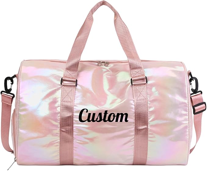 Personalized Holographic Gym Bag for Girls & Women, Custom Name Duffle Bag with Shoe Compartment & Wet Pocket, Weekender for Dance Cheer Travel (Pink)