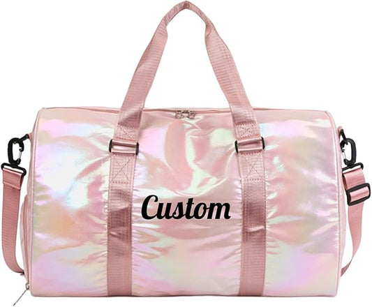 Personalized Holographic Gym Bag for Girls & Women, Custom Name Duffle Bag with Shoe Compartment & Wet Pocket, Weekender for Dance Cheer Travel (Pink)