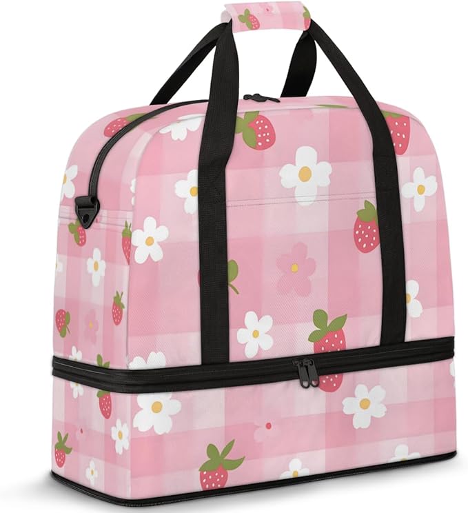 Fruit Strawberry Sports Gym Duffel Bag for Men Women Buffalo Check Floral with Shoe Compartment Weekender Overnight Bags Travel Bag Carry on Backpack for Swim Fitness Workout
