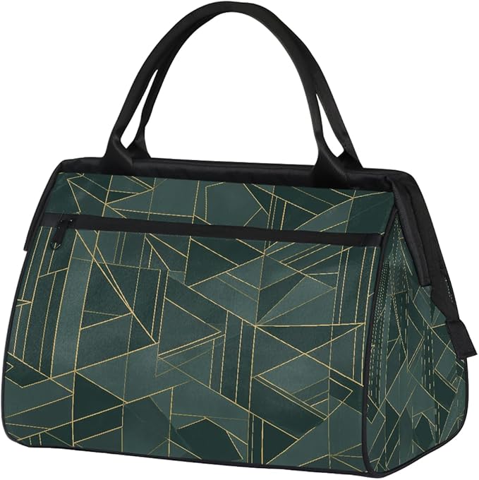 Teal Gold Geometric Lines Travel Duffel Bag, Waterproof Sports Gym Duffle Bag, Large Capacity Weekender Carry On Overnight Bags for Women Men
