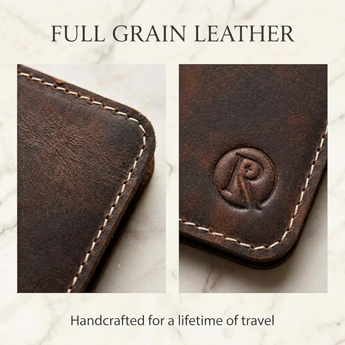 Rustique Leather Passport Holder Collection - Handmade Travel Wallet & Organizer - Full Grain Crazy Horse Leather Covers for Men & Women (Multiple Styles) (Wavy Pocket Wallet - Tobacco & Honey)