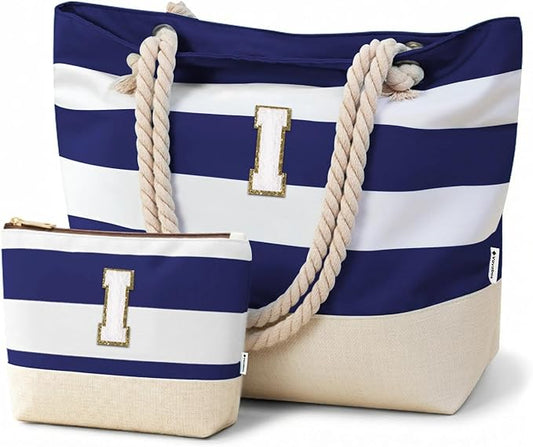 Vavabox Initial Beach Tote Bag for Women, Water-resistant Foldable Travel Beach Bag Set, Birthday Gifts for Women Mom