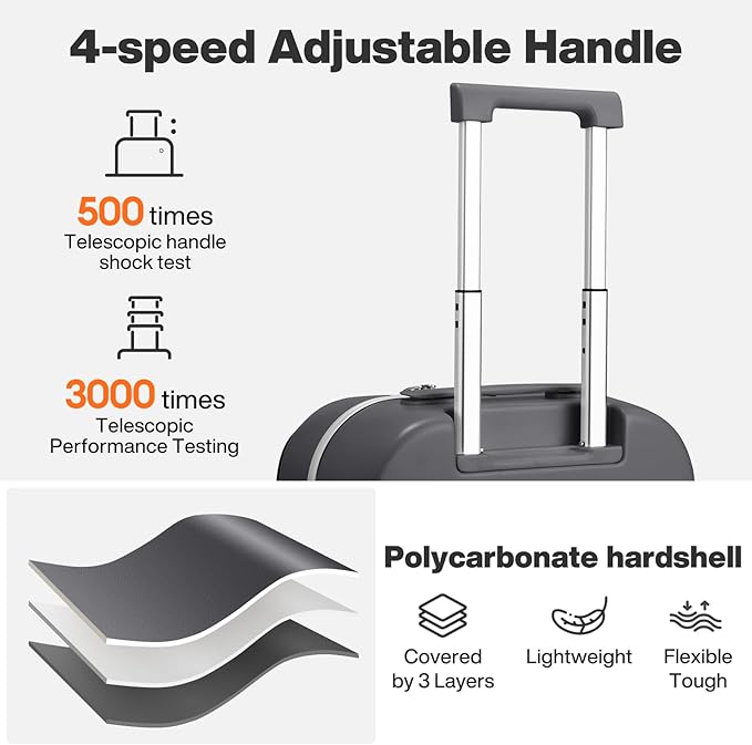 mixi 20 Inch Carry On Luggage 22x14x9 Airline Approved PC Hard Shell Suitcase Top Opening Aluminum Frame Travel Suitcases with Wheels, Rock Gray