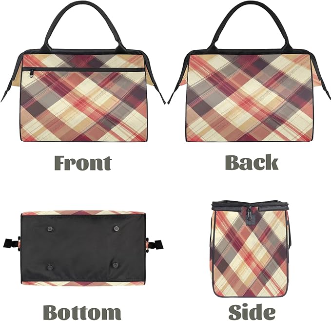 Multipurpose Duffle Bag, Waterproof Carry On Bag with Spacious Design, Plaid Checkred Brown Gym Bags, 15.2x8.3x11.6in