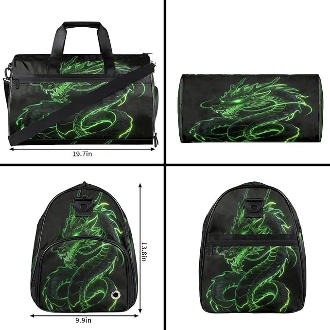 Green Dragon Print Sports Gym Bag with Wet Pocket & Shoes Compartment Waterproof Workout Duffel Bag for Women and Men Weekender Overnight Duffle Bag Travel Carry-on Tote