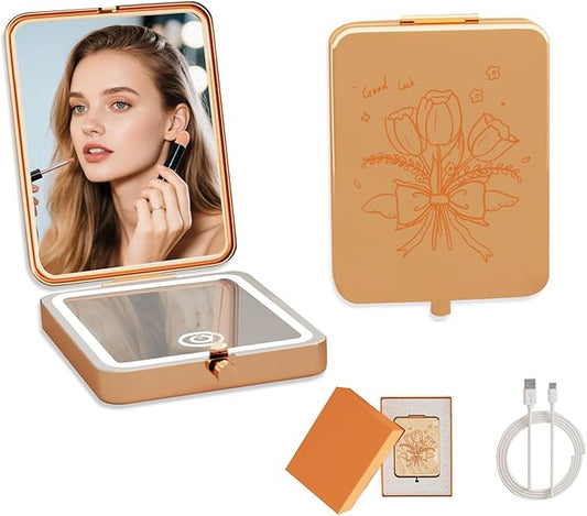 Rechargeable Compact LED Makeup Mirror with 3X Magnification, 3 Light Modes, Tulip Engraved Foldable Travel Mirror for Purse, Portable 2-Sided Vanity Mirror for Women Gift（Tulip）