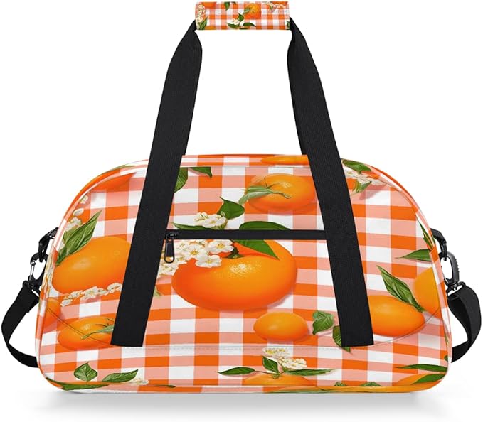 Gym Bag for Women Men, Orange Plaid Orange Flower Travel Duffle Bags for Dance Ballet Overnight, Carry-On Weekender Bag with Detachable Shoulder Strap