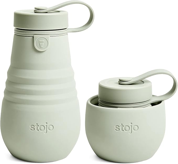 STOJO Jr Collapsible Bottle for Kids - Sage Green, 14oz / 400ml - Leak-Proof Reusable Silicone Travel Cup for Hot & Cold Drinks - On-The-Go Camping & Hiking - Microwave & Dishwasher Safe