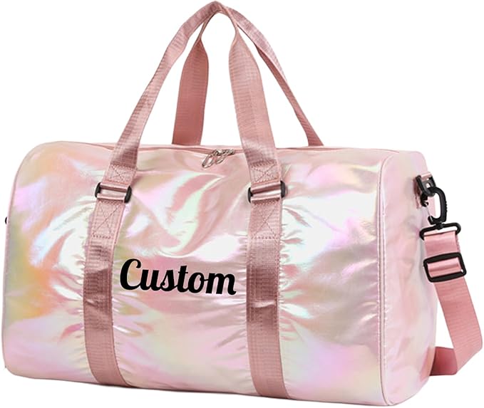 Personalized Holographic Gym Bag for Girls & Women, Custom Name Duffle Bag with Shoe Compartment & Wet Pocket, Weekender for Dance Cheer Travel (Pink)