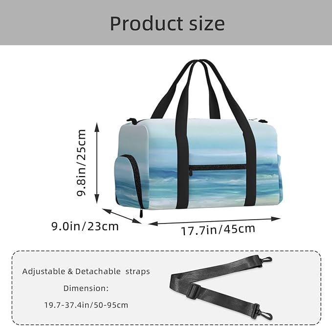 Sea Blue Watercolor Ocean Waves Coastal Beach Women'S Gym Duffle Bag With Shoes Compartment, Ideal For Travel, Gym, Sports, Duffel, Weekender