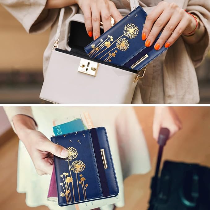 Women's Fashion Dandelion Passport Wallet, Blue, RFID Blocking, 7 Compartments, Faux Leather