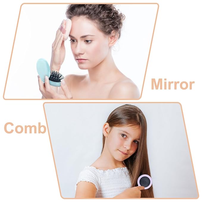 6 Colors Foldable Mirror Hairbrush, 2 in 1 Compact Pocket Mirror Comb in Bulk, with DIY Stickers, Travel Mini Hairbrush Makeup Mirror for Women Girls (12-PACK)