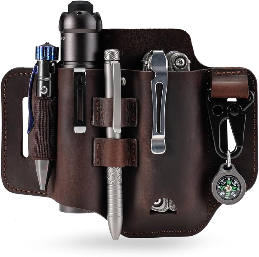 ST2 Leather Multitool Sheath, EDC Leather Belt Organizer, Belt EDC Organizer for Leatherman Tools, Flashlight, Pen, and Keychain Clip, Great for Work and Daily Use, Ideal Gift for Men