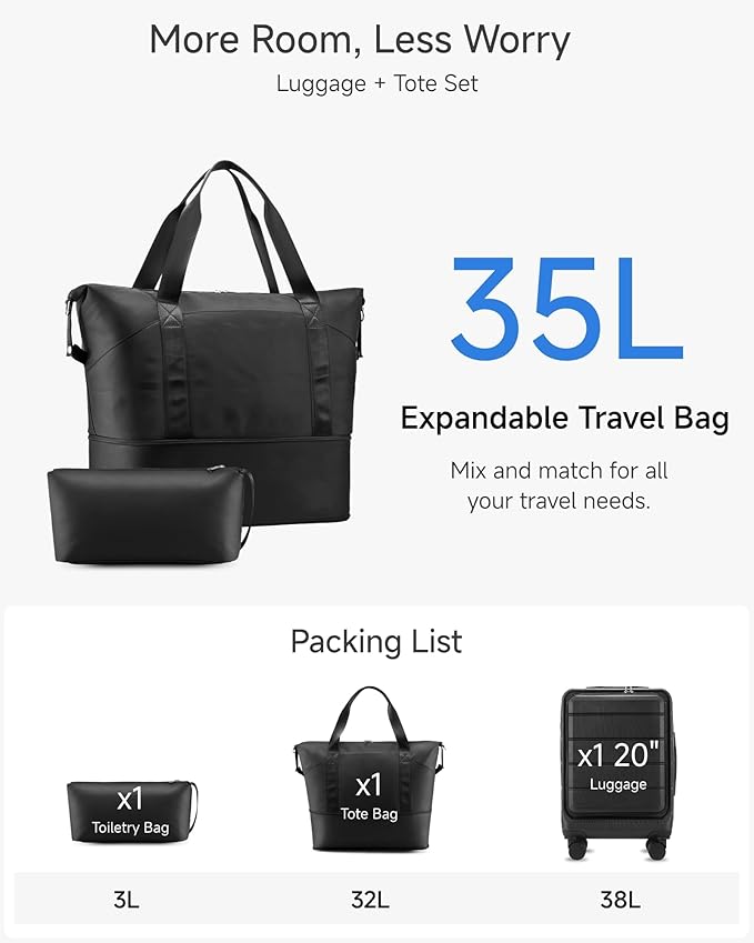 Carry On Luggage 22 x 14 x 9 Airline Approved, H1F Front Pocket Hardside Suitcase with Spinner Wheels, TSA Lock, Includes Tote Bag (FX-Lite, Black, 3 Piece Sets)