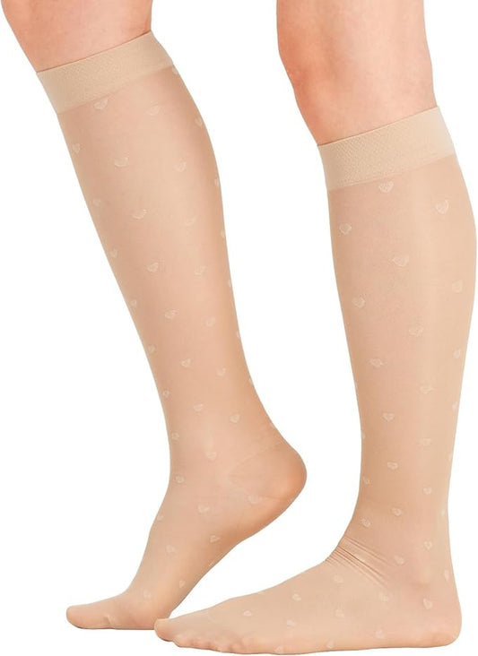 2 Pairs Sheer Compression Socks for Women - 15-20 mmHg Knee High Sheer Compression Stockings for Support Circulation Swelling Edema Work Office Travel, Heart, Medium