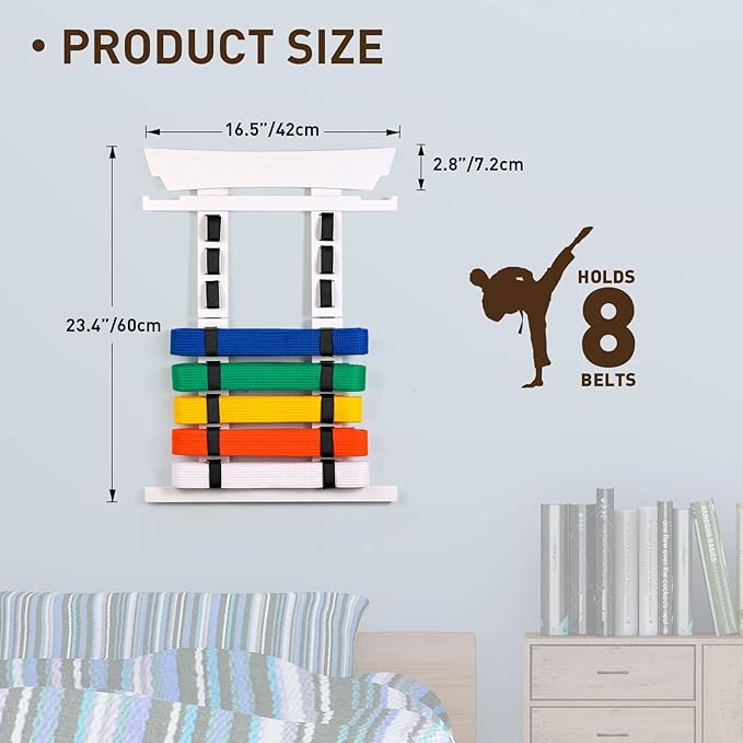 Tilhumt 8 Belt Karate Belt Display Rack with Medal Hanger and Stickers, Taekwondo Belt Display Holder, Martial Arts Belt Display Organizer for Adults, No Assembly Required (Bamboo/Acrylic)