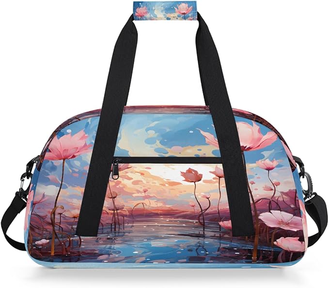 Pink Lotus Sunset Sports Duffel Bags, Water-Resistant Gym Duffle Bag for Men Women, Lightweight Weekender Overnight Bag for Fitness, Workout, Travel