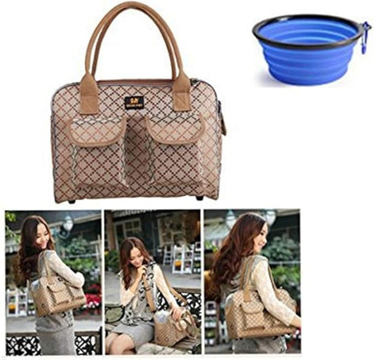 Hubulk Dog Carrier Bag Pet Tote Bag Doggie Handbag Cat Purse Puppy Pouch, Free Collapsible Dog Bowl Included (S Khaki)