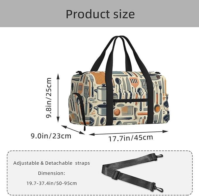 Kitchen Tools Print Gym Bag with Shoe Compartment for Women Men, 17.7in Sports Duffle Weekender Tote, Overnight Travel Duffel Bag Carry On