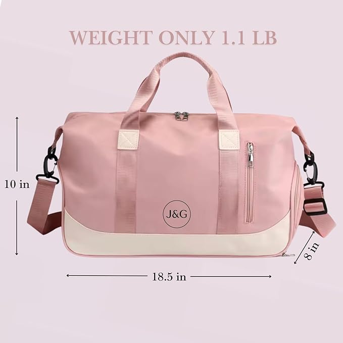J&G Waterproof Gym Duffel Bag – Lightweight Travel & Sports Bag with Shoe Compartment and Wet Pocket for Men & Women – Carry-On Weekender for Gym, Beach, Trips – 8 Colors (Light Pink)