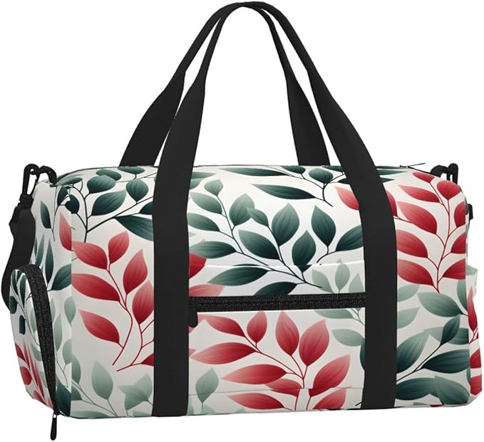 Sports Gym Bag Red Green Leaves Travel Duffel Bag With Shoe Compartment Shoulder Strap, Lightweight Water-Resistant Weekend Overnight Totes For Women Men