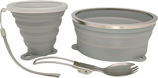 Mess Kit for Camping Silicone Collapsible Bowl Collapsible Cup and Stainless Steel Spoon for Backpacking Outdoor Hiking Traveling and Picnic