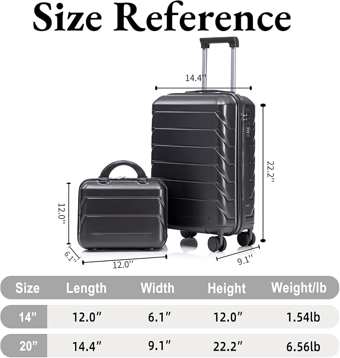 2-Piece ABS Hard Shell Lightweight Carry-On Luggage Set (14" & 20"), 360-Degree Spinner Wheels, Adjustable Telescopic Handle and Combination Lock for Travel, Dark Grey