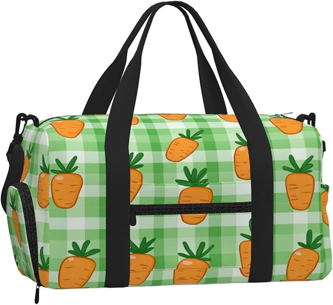 Sports Gym Bag Carrots Green Check Plaid Travel Duffel Bag With Shoe Compartment Shoulder Strap, Lightweight Water-Resistant Weekend Overnight Totes For Women Men