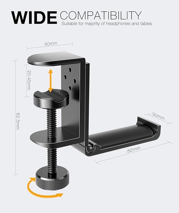 New Foldable Headphone Stand Hanger Holder Aluminum Headset Soundbar Stand Clamp Hook Under Desk Space Save Mount, Universal Fit Gaming Headphones, Black