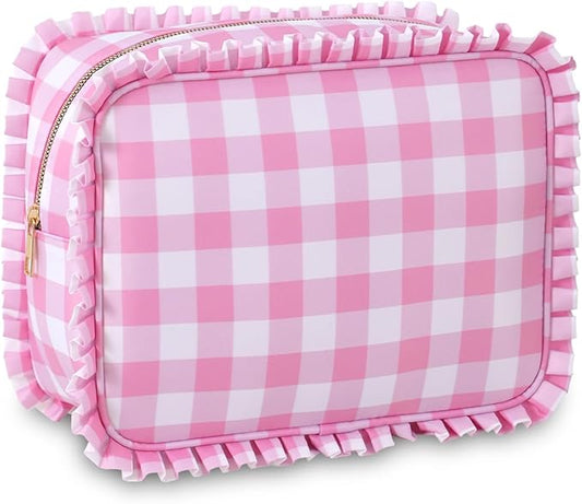 Gingham Ruffle Makeup Bag,Large Travel Cute Cosmetic Bag for Women Girls,Toiletry Bag Make up Organizer 10.8 x 4.5 x 8 inch (Pink Gingham)