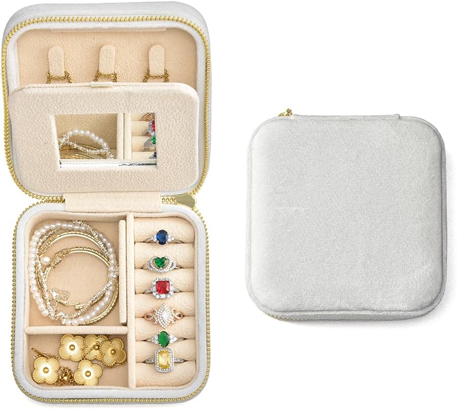 TAIMY Travel Jewelry Case,Small Plush Velvet Travel Jewelry organizer,Portable Mini Travel Jewelry Boxes for Rings Earrings Necklaces Bracelets(White,with Mirror)
