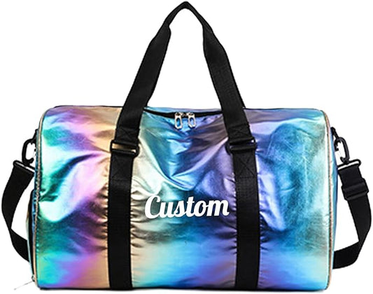 Personalized Holographic Gym Bag for Girls & Women, Custom Name Duffle Bag with Shoe Compartment & Wet Pocket, Weekender for Dance Cheer Travel (Colorful)