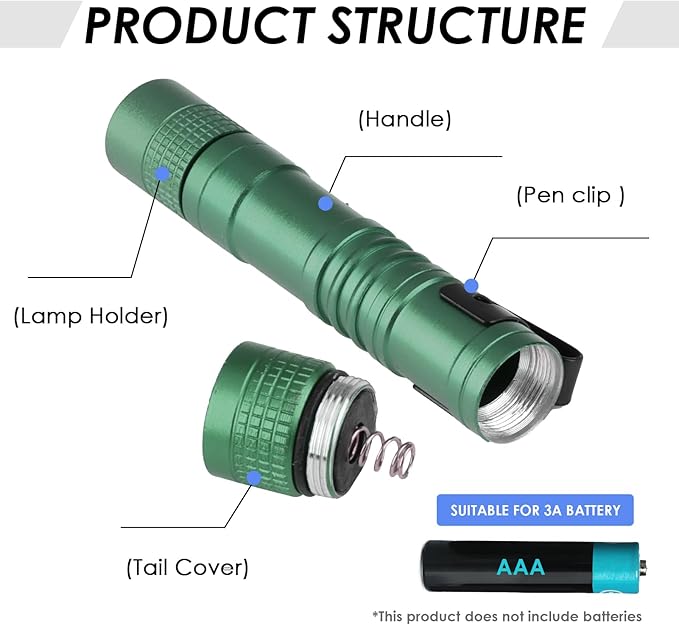 Mini Flashlight, AAA Small Pen Light with Clip, Portable 500lm Pocket Pen Flashlight for Inspection Repair Outdoor Emergency (3 Pack, Green, 3.5")