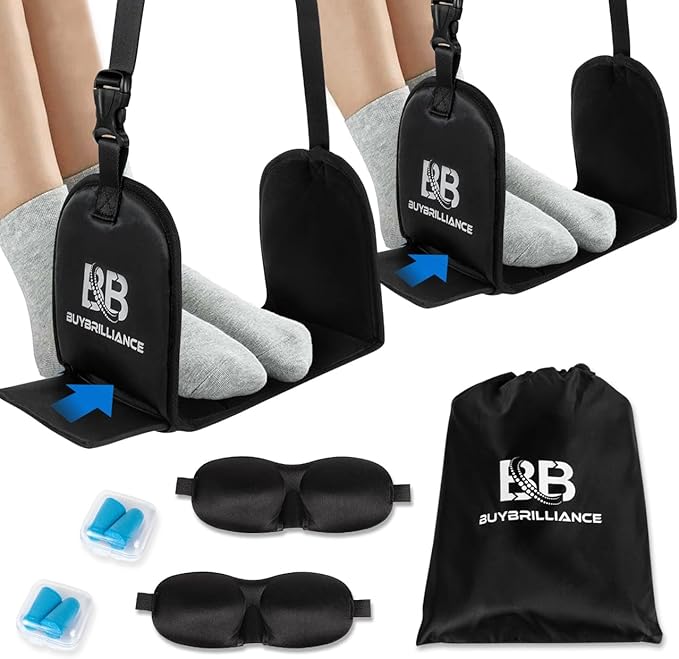 Buybrilliance 2 Pack Foot Hammock for Airplane Travel Adjustable Plane Leg Rests with Memory Foam Support, Portable Footrests for Long Flights, Includes Eye Mask & Earplugs