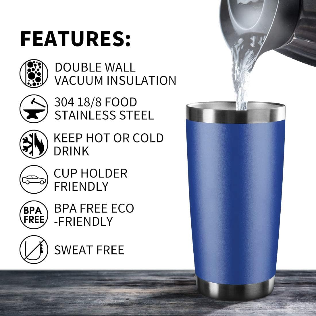 20oz Tumbler Stainless Steel Vacuum Insulated Mug with Lid, Double Wall Travel Mug, Durable Powder Coated Coffee Cup, Suitable for Ice Drinks and Hot Beverage (New Blue 1 pack)