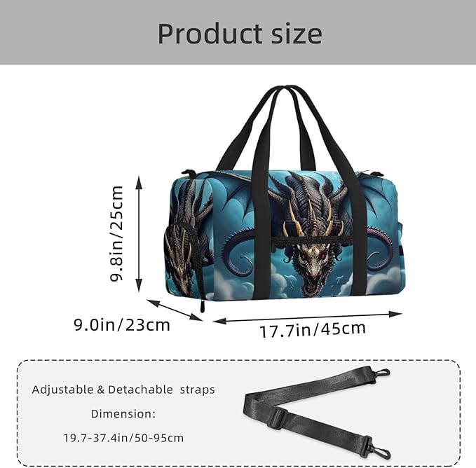 Flying Dragon Print Gym Bag with Shoe Compartment for Women Men, 17.7in Sports Duffle Weekender Tote, Overnight Travel Duffel Bag Carry On