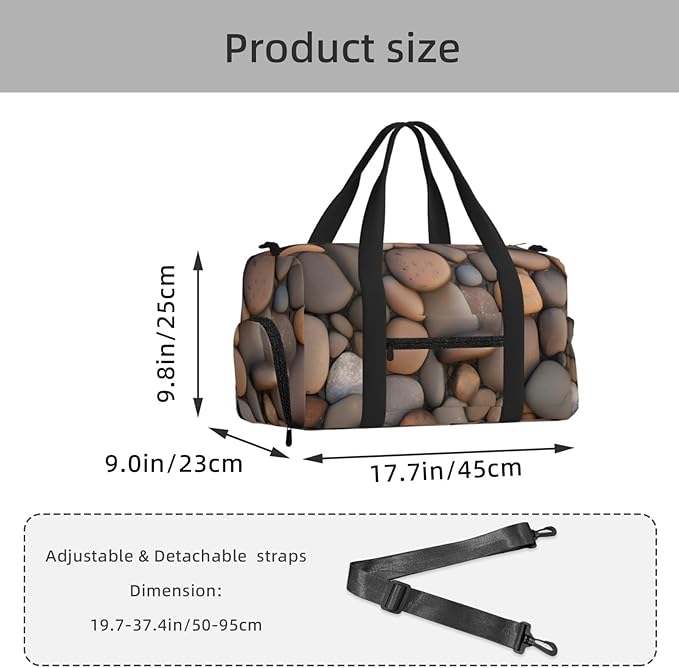 Pebbles in the beach Print Gym Bag with Shoe Compartment for Women Men, 17.7in Sports Duffle Weekender Tote, Overnight Travel Duffel Bag Carry On