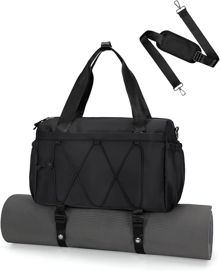 Small Gym Bag for Women with Yoga Mat Holder and Wet Compartment, Mini Gym Duffle Bag Yoga Bag with Water Bottle Pocket for Workout Travel, Black
