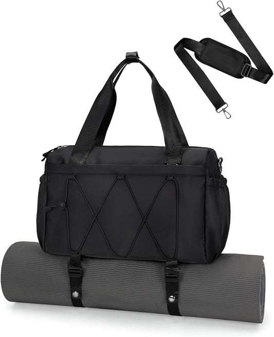 Small Gym Bag for Women with Yoga Mat Holder and Wet Compartment, Mini Gym Duffle Bag Yoga Bag with Water Bottle Pocket for Workout Travel, Black