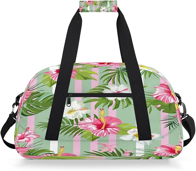 Duffle Bag for Women Men, Pink Green Stripe Flowers Gym Bag for Travel Sports, Lightweight Waterproof Weekender Overnight Bags with Adjustable Strap