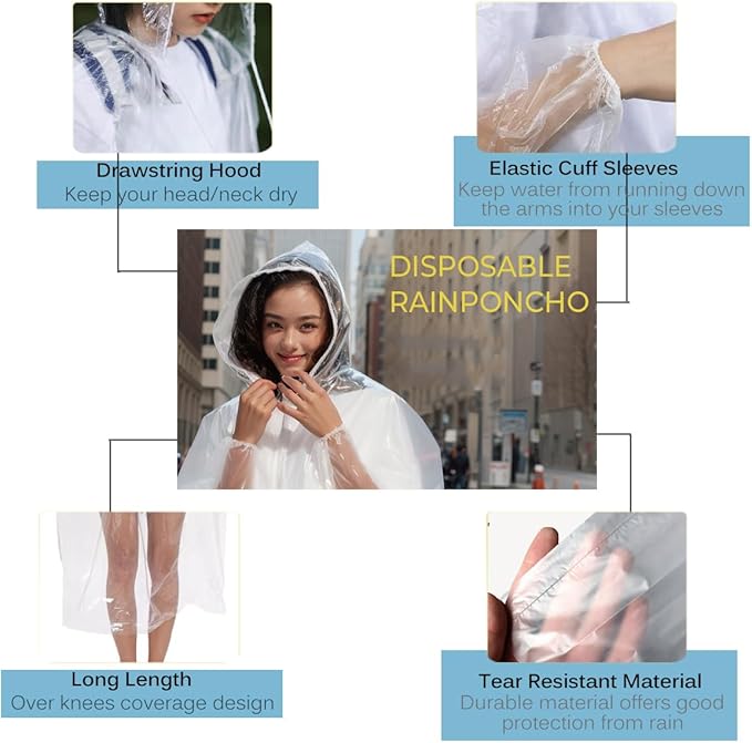Disposable Rain Ponchos for Adults, Emergency Rain Coat with Drawstring Hooded Rain Jacket Family Pack, Clear