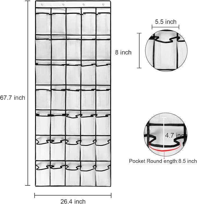 2 Pack 35 Breathable Mesh Pockets Large Hanging Shoe Organizer Over The Door Shoe Rack for Closet Door Storage Shoe Holder Hanger, 8Hooks, White (67.7'' x 26.4'')