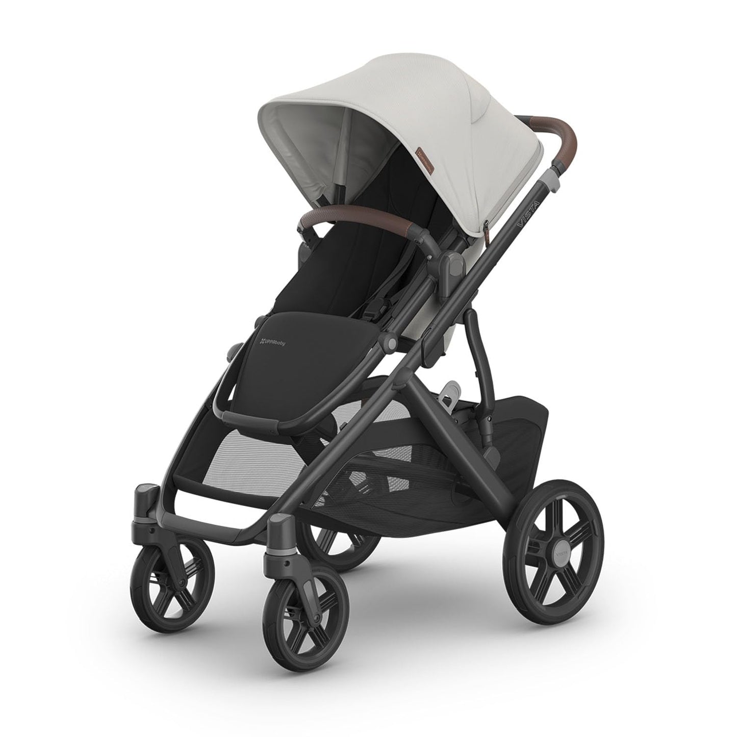 UPPAbaby Vista V3 Stroller - Full-Size Single-To-Double Stroller System - Toddler Seat, Bug Shield, Rain Shield, and Storage Bag Included - Savannah (Pearl Gray Jacquard/Carbon Frame/Chestnut Leather)