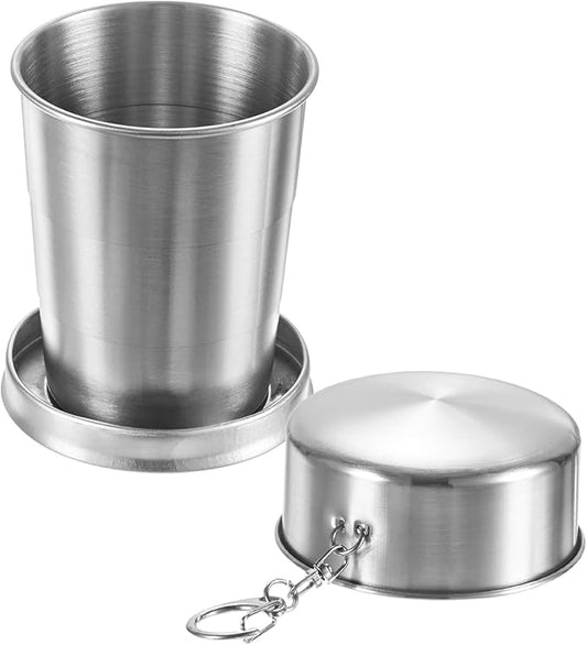 Stainless Steel Collapsible Travel Cup, 5oz(150ml) Reusable Collapsible Metal Cup Portable Foldable Water Bottle with Lid and Keychain for Travel/Camping/Hiking