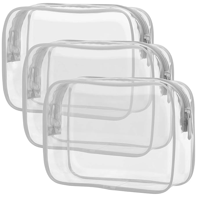 PACKISM Clear Makeup Bag, Waterproof TSA Approved Toiletry Bag Quart Size Bag, Clear Makeup Bags with Zipper Travel Cosmetic Bag, Carry on Airport Airline Compliant Bag, 3 Pack, Grey