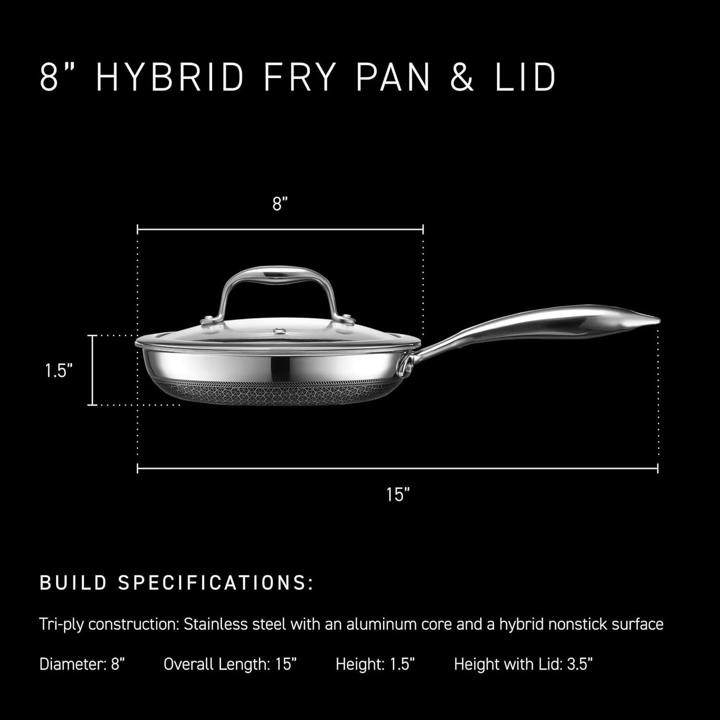 HexClad Hybrid Nonstick 8-Inch Frying Pan with Tempered Glass Lid, Stay-Cool Handle, Dishwasher-Friendly, Oven-Safe Up to 900°F, Induction Ready, Compatible with All Cooktops