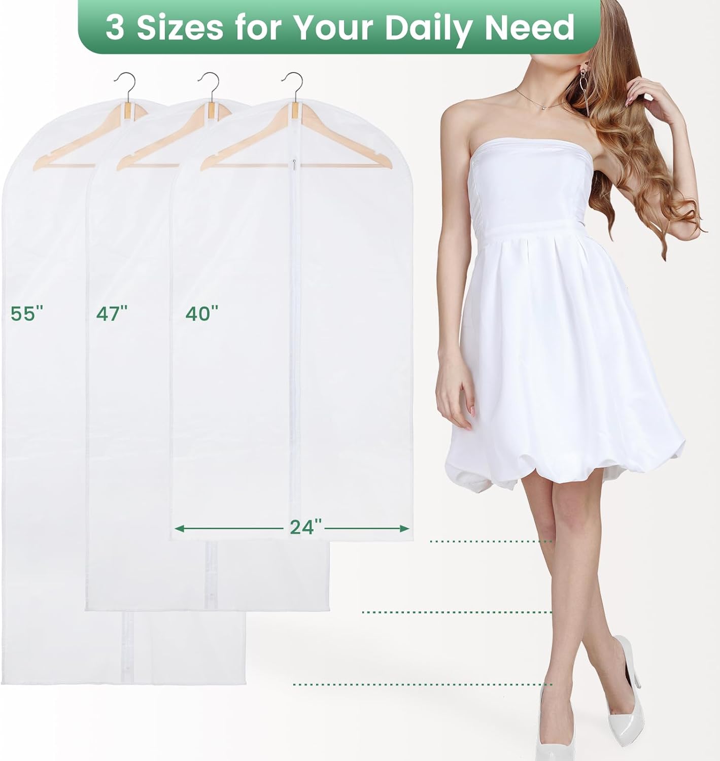 10 Pack Translucent Garment Bags for Hanging Clothes - Frosted Clothes Storage Bags for Suits, Shirts, Dresses, Closet Storage, Travel - 24" x 40"/47"/55"