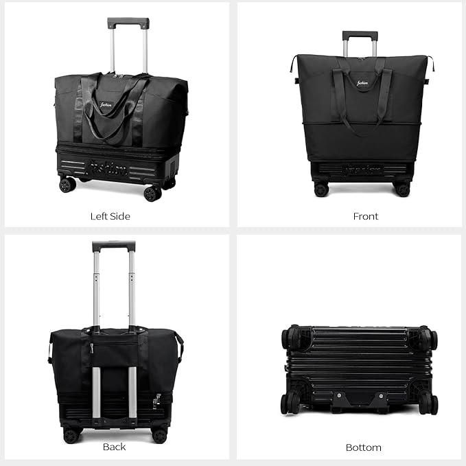 Rolling Duffle Bag with Wheels and Handle, Expandable Foldable Travel Bag - Wheeled Carry On Luggage, Collapsible Suitcase for Weekend Trips, Gym, Large Capacity & Waterproof (Black)