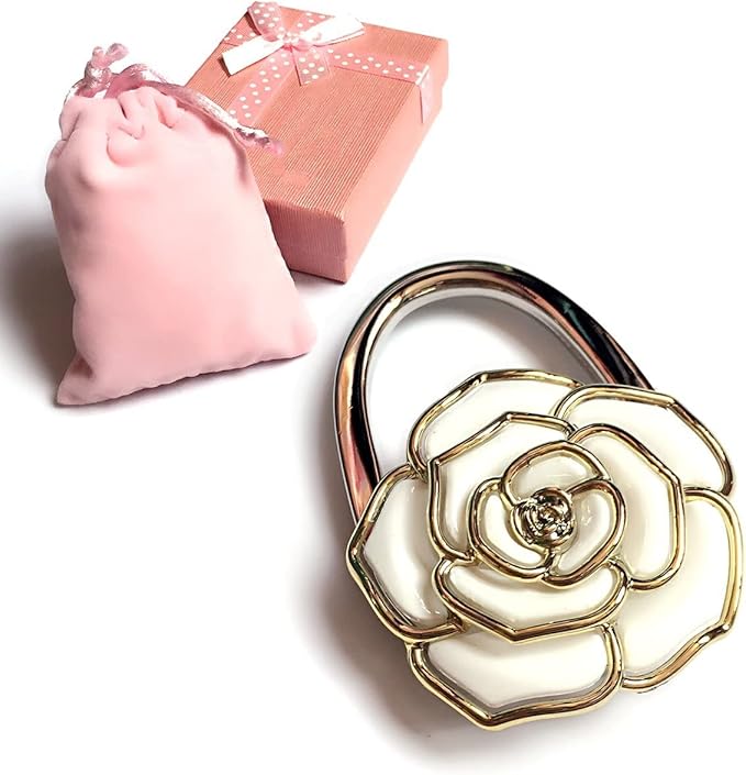 Elesa Miracle Purse Hook Foldable Handbag Hanger, Folding Table Hanger, with Velvet Pouch in Gift Box (White Flower)